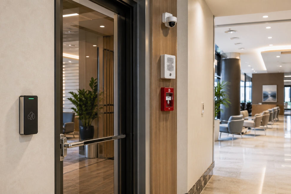 Modern business lobby with commercial access control, security camera, intercom, and fire alarm technology