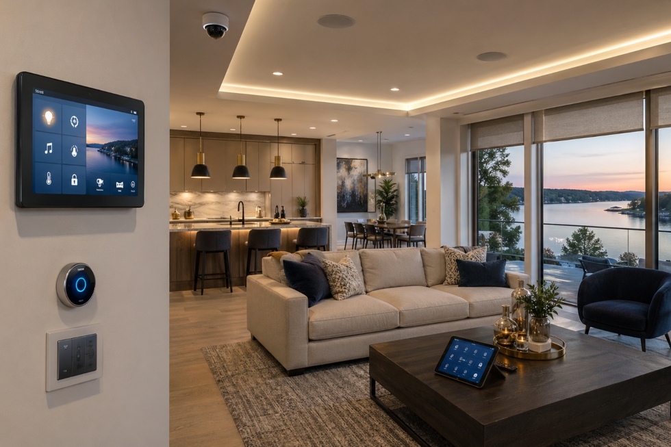 Luxury smart home interior with wall control panel, smart thermostat, integrated lighting, and lake view